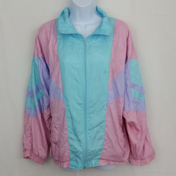 Vintage Jackets & Blazers - Vintage LARGE Windbreaker Pastel Blue Pink Purple